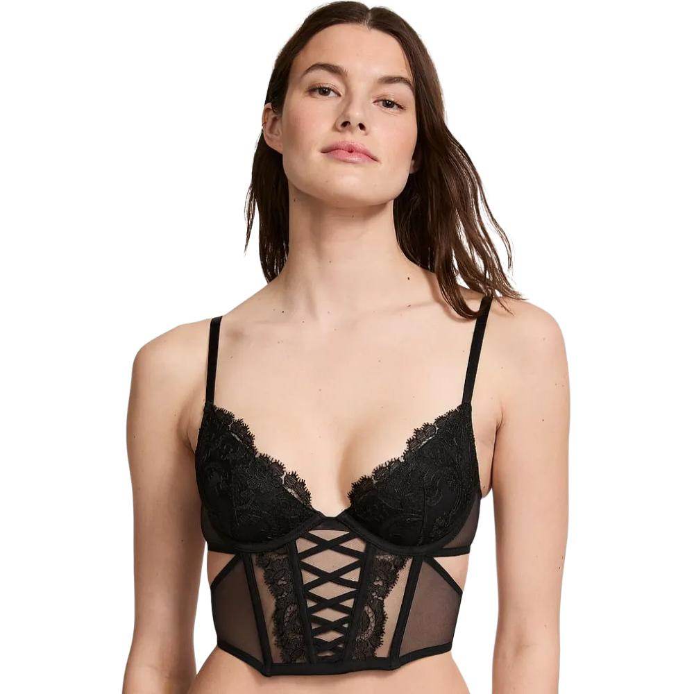 Victoria's secret victoria's secret pink/dreamangels boho floral embroiderylow-cut demi corsettop comfort floral embroidery bra women's black - Boxette Shop