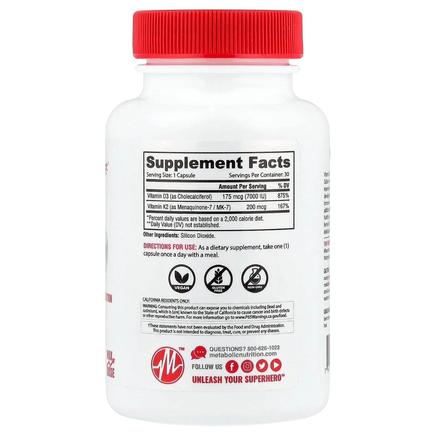 БАД Metabolic Nutrition, витамины D3 и К2, 30 капсул - Boxette Shop