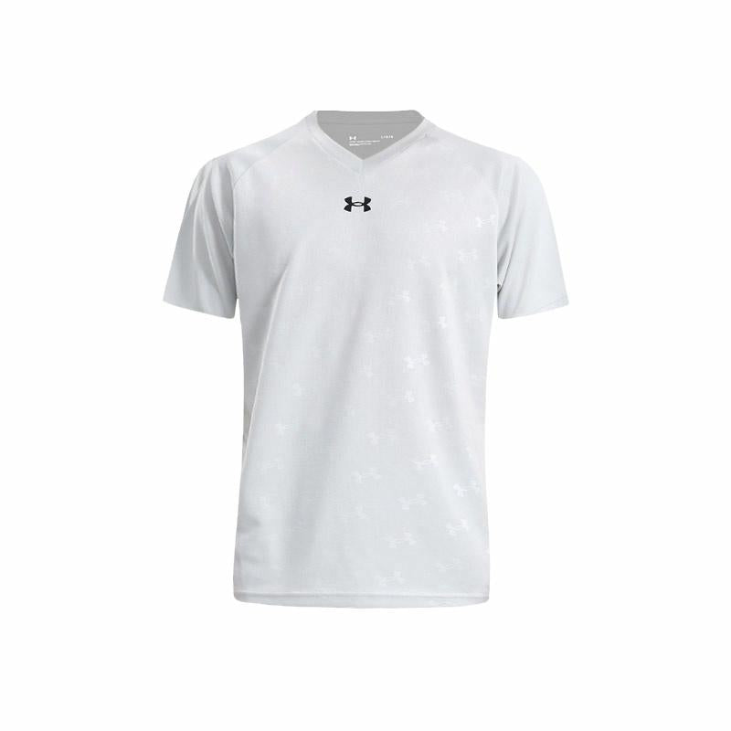 Under armour спортивный бег свободный дышащий быстро сухой полный печать v-образным вырезом плечо вставка короткий рукав футболка мужчины и женщины с моделями светло-серый
