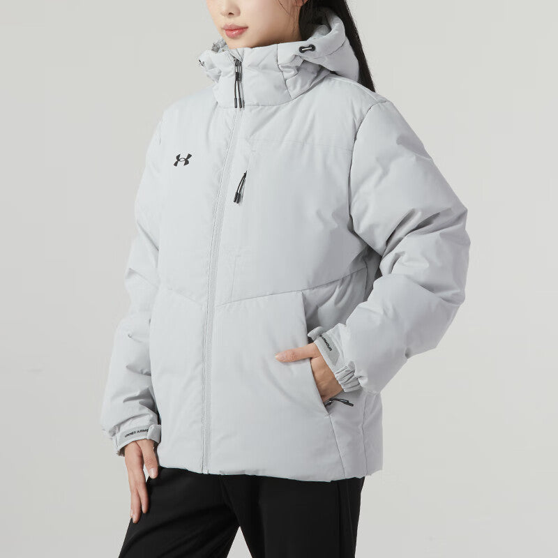 Under armour сплошной цвет случайные капюшоном с длинным рукавом куртка пуховик мужские и женские модели светло-серый