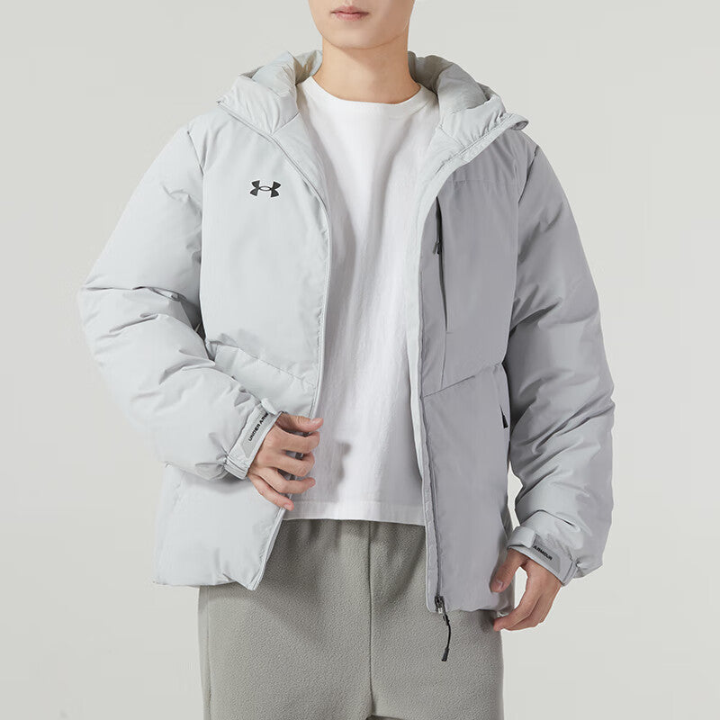 Under armour сплошной цвет случайные капюшоном с длинным рукавом куртка пуховик мужские и женские модели светло-серый