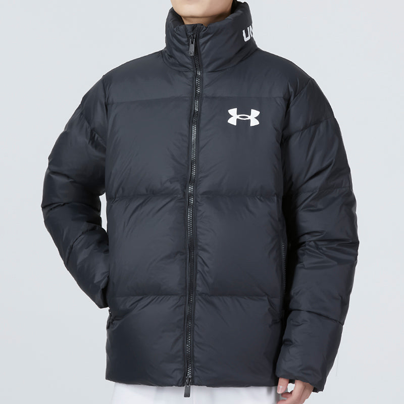 Under armour andromeda down puffer логотип принт спортивный случайный воротник теплая куртка пуховик мужская черный