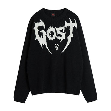 Revenge x gost совместные брендовые буквы logo трехмерная вышивка круглый вырез пуловер свободный случайный универсальный джемпер с длинными рукавами мужчины и женщины модели черный и белый - Boxette Shop
