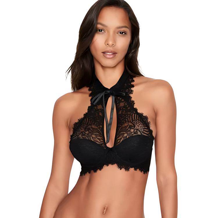 Victoria's secret victoria's secret flower lace high neck tie thin 3/4 cup bra women's black - Boxette Shop