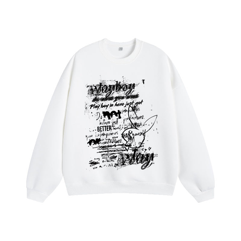 Playboy tekis rangli multfilm harfli naqshli qulay ko'p qirrali ekipaj bo'yinli uzun yengli kozok erkaklar va ayollar bir xil uslubda