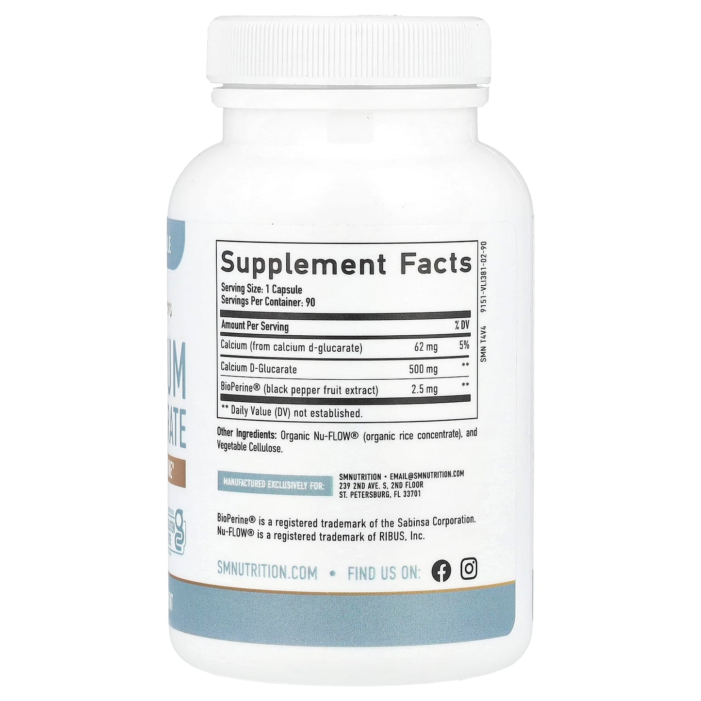 БАД SMNutrition, D-глюкарат кальция и BioPerine, 90 капсул