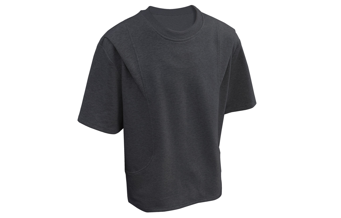 Paddy Julia bir xil rangdagi toza to'rtburchakli yelkali siluet, dekonstruksiya qilingan katta tuyg'usi yumaloq bo'yinli bo'shashgan yelkali ko'p qirrali besh chorak yengli qisqa yengli futbolka bir xil modeldagi erkaklar va ayollar