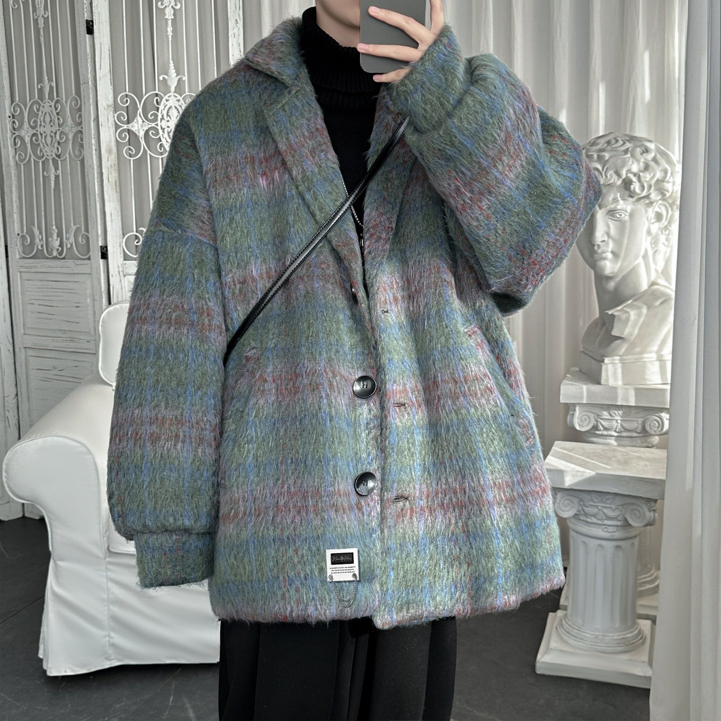 Lazy wind clash plaid issiq qalinlashgan tvid top yaqin bu yerda Amerika retro yuqori trend ko'cha bo'sh qulay kostyum yoqasi off yelka uzun yengi ko'ylagi Koreys tasodifiy commute klassik Britaniya asosiy m