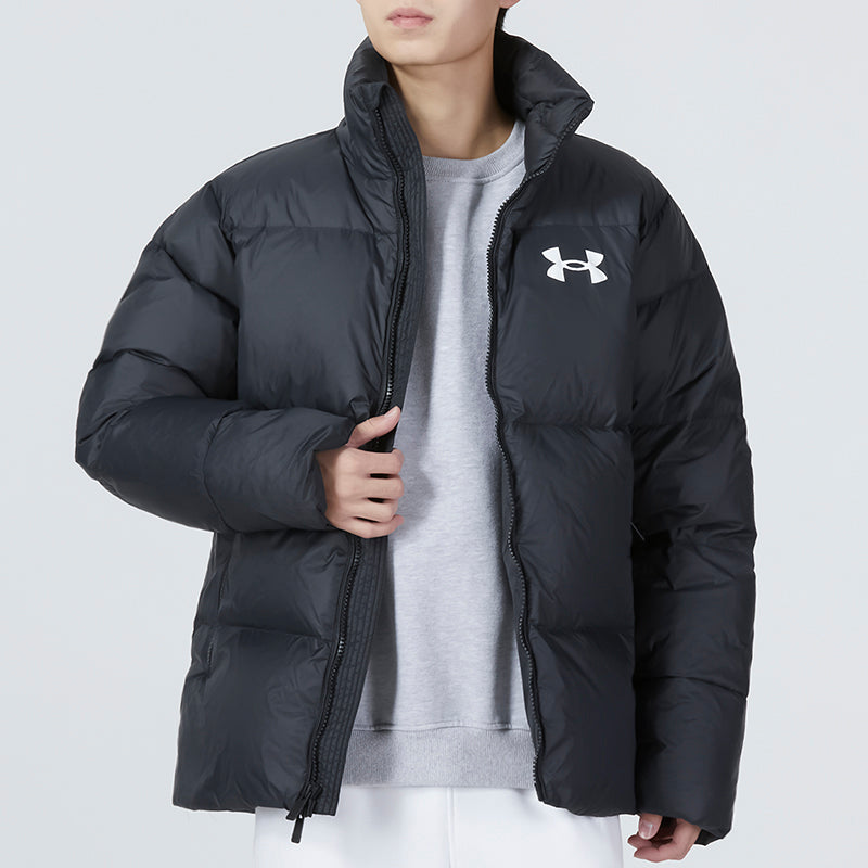 Under armour andromeda down puffer логотип принт спортивный случайный воротник теплая куртка пуховик мужская черный