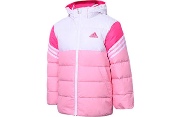 Adidas пуховая куртка лоскутная спортивная теплая с капюшоном розовая детская