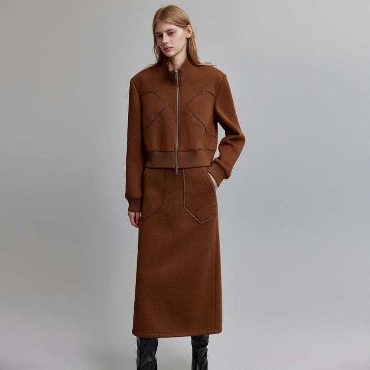 Elle frantsuzcha dizayndagi fermuarli musbat yelkali kozok qishki yangi oddiy tokchali ko'ylak yubka to'plami ayollar jigarrang