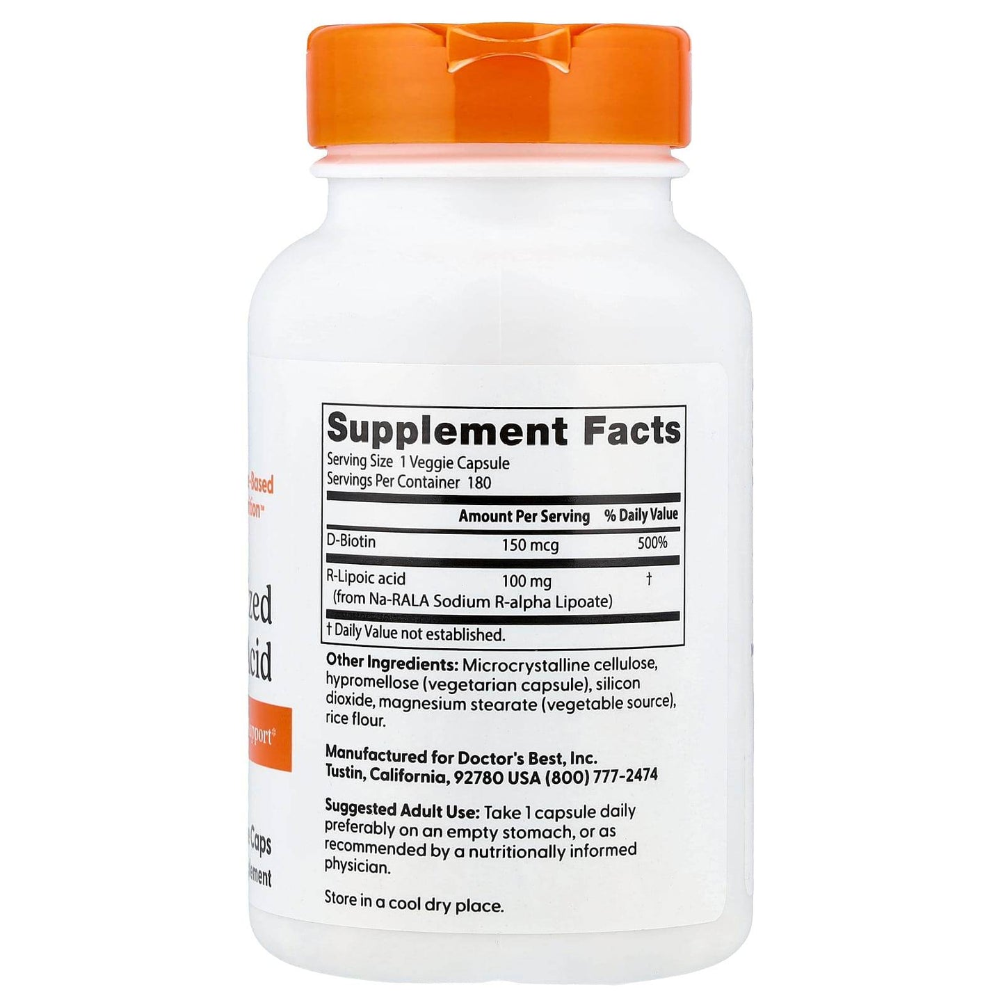 БАД Doctor's Best, стабилизированная R-липоевая кислота, 100 мг, 60 капсул - Boxette Shop