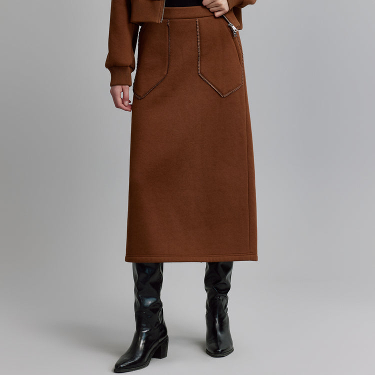 Elle frantsuzcha dizayndagi fermuarli musbat yelkali kozok qishki yangi oddiy tokchali ko'ylak yubka to'plami ayollar jigarrang