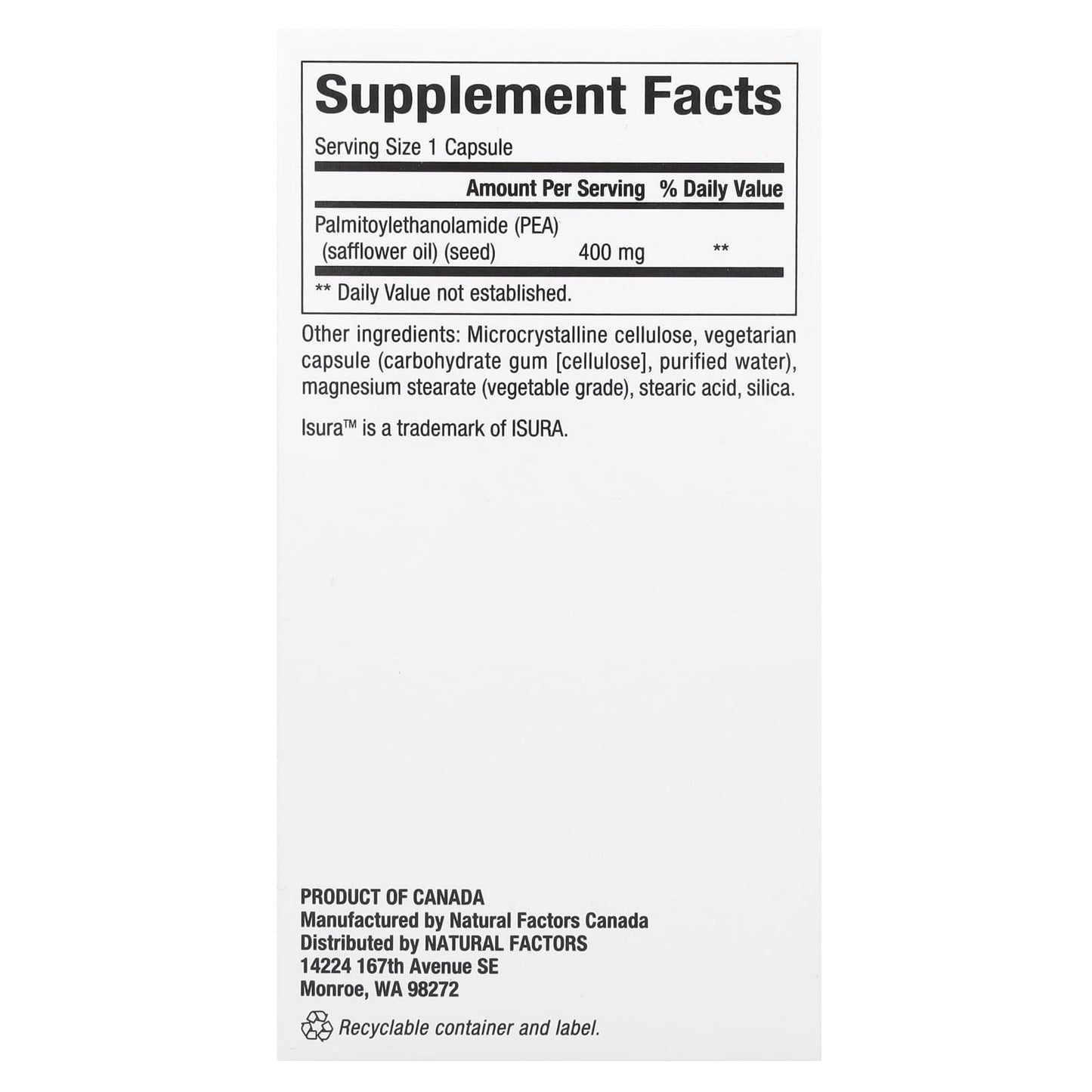 БАД Natural Factors PEA400, пальмитоилэтаноламид, 400 мг, 90 капсул - Boxette Shop