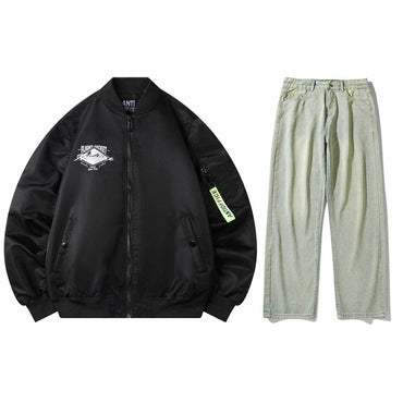 Антиофис гонконг стиль куртка с свободными широкими ногами джинсы повседневная работа поездка костюм городской новый молодежный простой и удобный с хорошим набором одежды осень и зима мужские модели - Boxette Shop