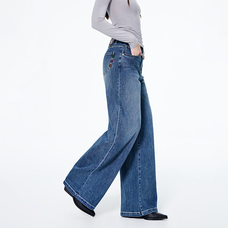 Navigare italyancha kichkina yelkanli qayiq modasi retro yupqa cho'ntak kashtasi paxta tuyg'usi yuvilgan keng oyoqli jinsi ayollar jinsi ko'k