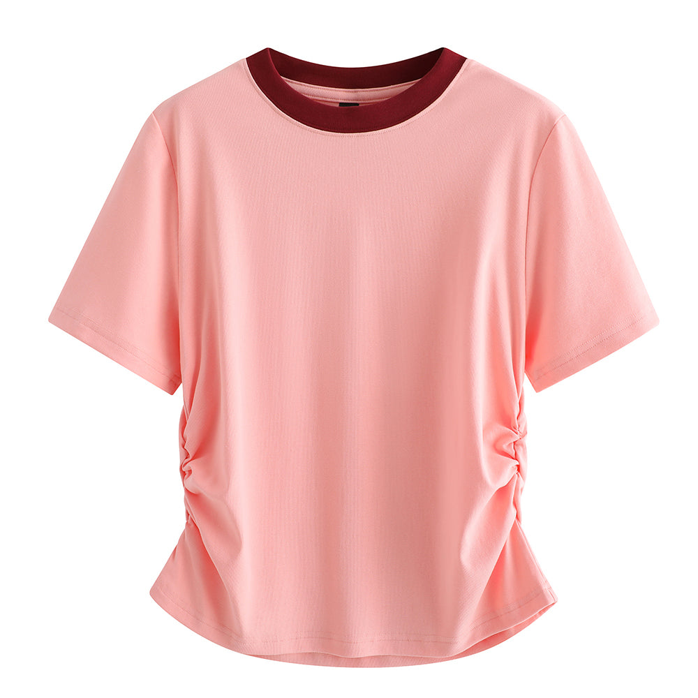 Pal ongaco pal ongaco Amerika ins trend to'qnashuvi qovurg'ali yoqa cho'zilgan bel nozik nozik shirin chili qisqa ekipaj bo'yinli qisqa yengli futbolka ayollar