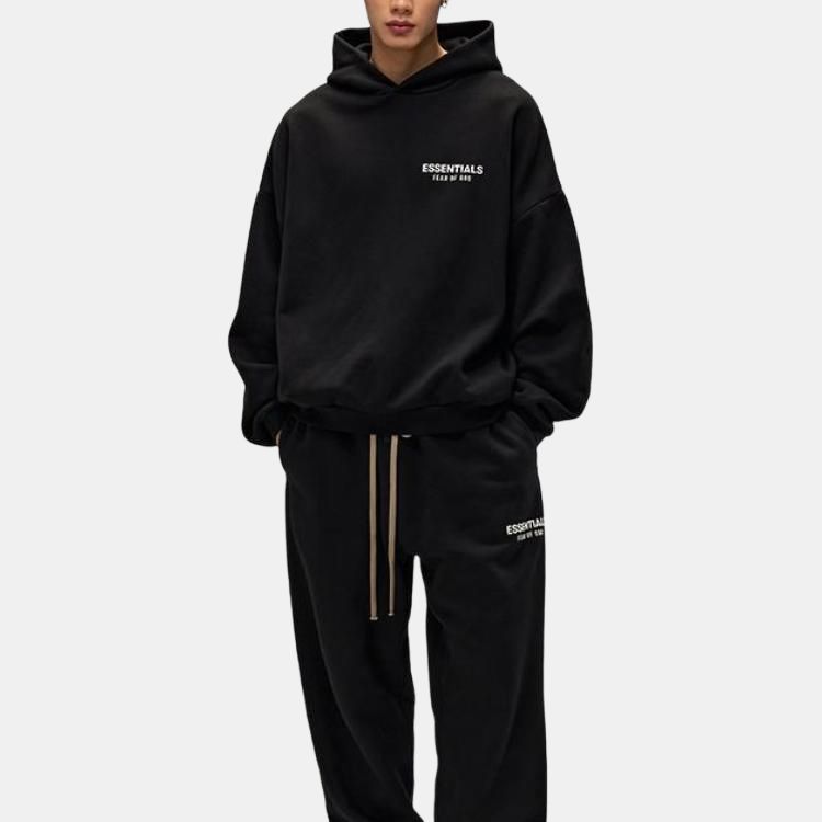 Fear of god essentials fw24 holiday core hooded pullover simple padded comfort letter sweatshirt men's meteorite black