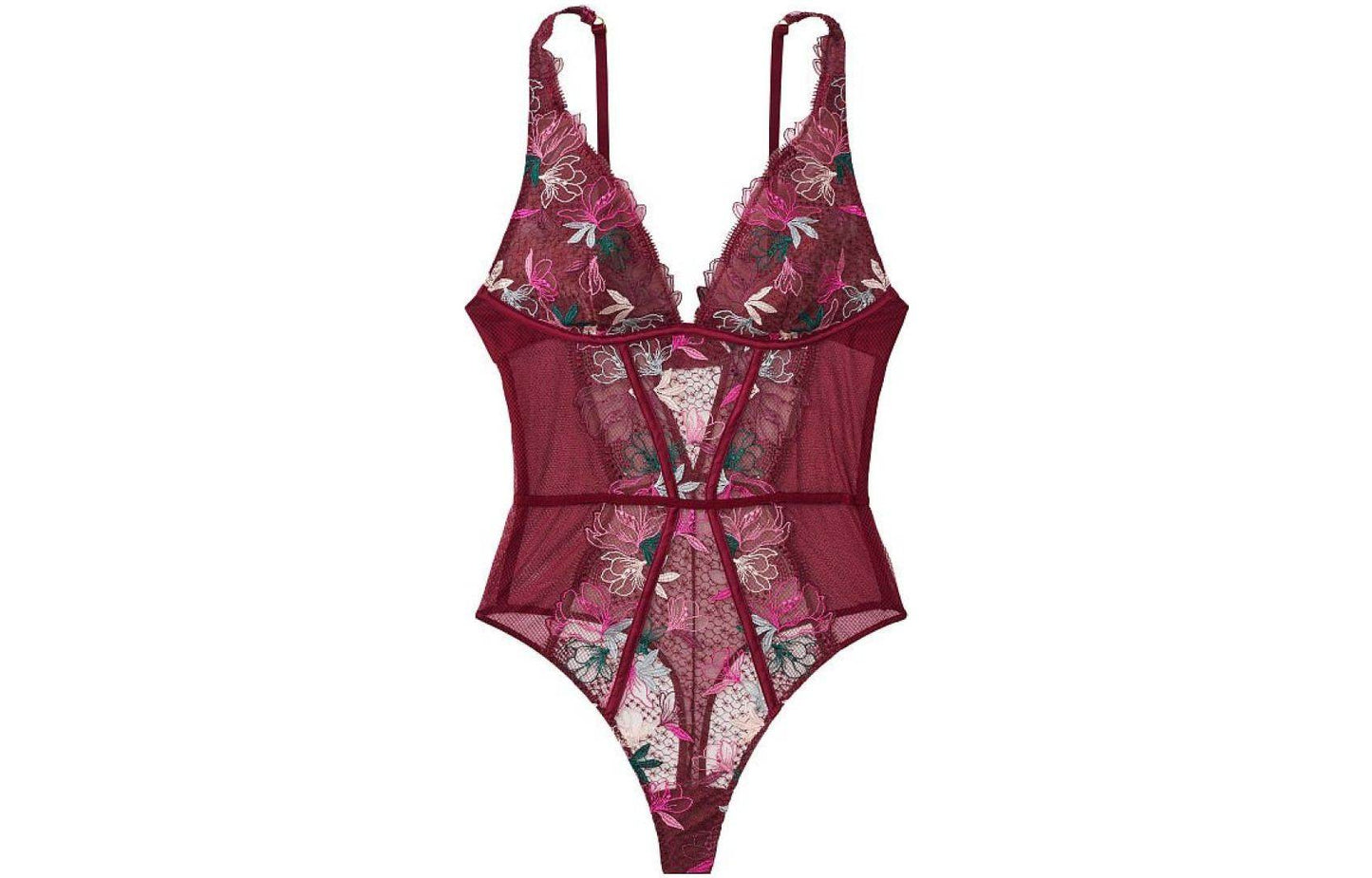 Victoria's secret victoria's secret floral lace patchwork mesh deep v bodysuit women's burgundy floral print - Boxette Shop