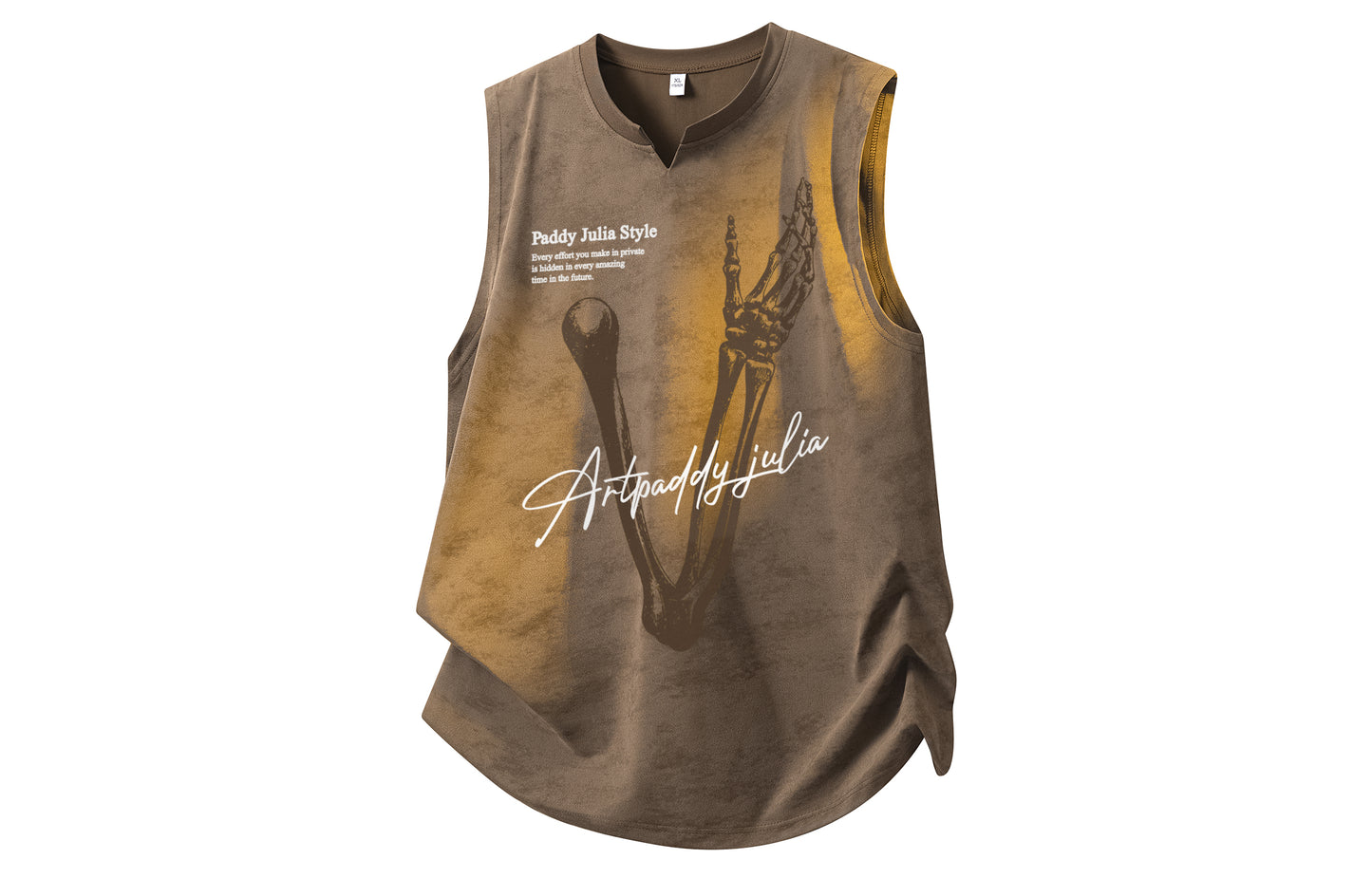 Paddy Julia Amerika oddiy oddiy ko'p qirrali tendentsiya yumaloq bo'yinli suyak harfli bosma logotip tetiklantiruvchi nafas oladigan yengsiz yelek modellari bilan erkaklar va ayollar