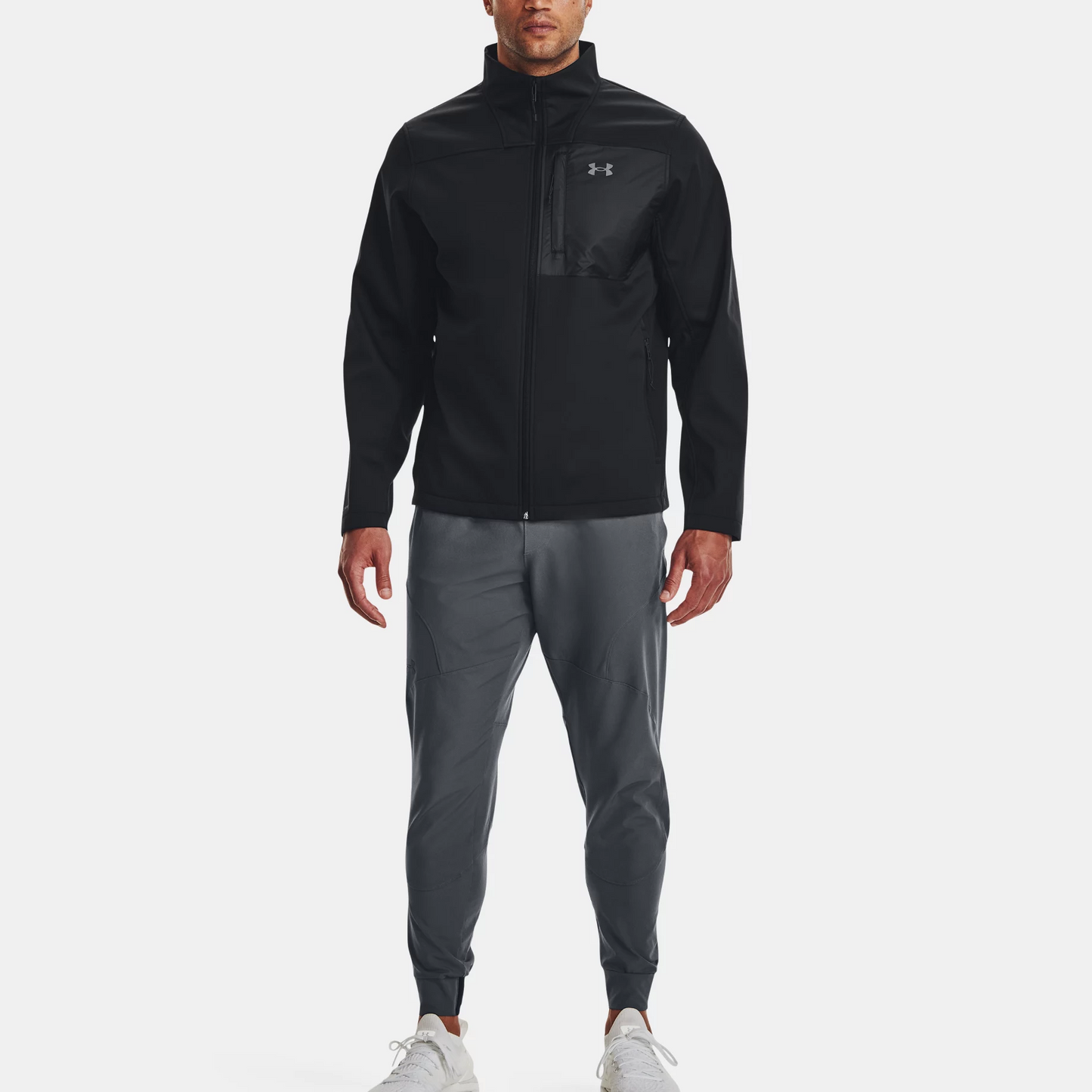 Under armour пэчворк молния стоячий воротник тренировочный спорт многокарманный куртка мужская черный
