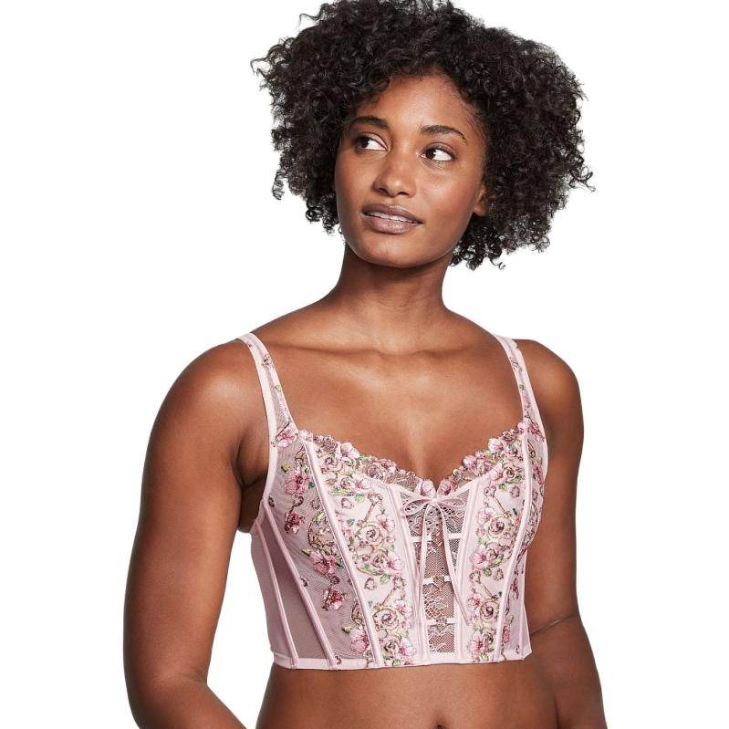 Victoria's secret/victoria's secret floral embroidered skinny unlined shapewear lace fishbone corset bra 5s5y ballet pink - Boxette Shop