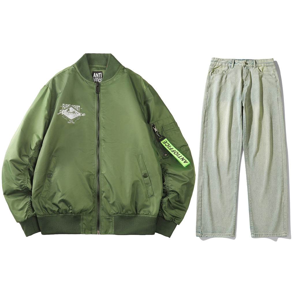 Антиофис гонконг стиль куртка с свободными широкими ногами джинсы повседневная работа поездка костюм городской новый молодежный простой и удобный с хорошим набором одежды осень и зима мужские модели - Boxette Shop