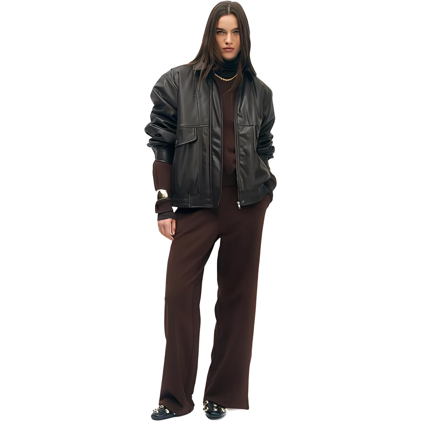 H&M yumshoq bo'yinli yelkali uzun yengli tekis oyoqli yuqori pastki kozok to'plami to'q jigarrang