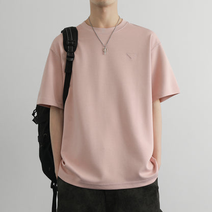 Hvga asosiy modellari eski pul uslubi yumshoq va qulay teri salqin tuyg'u yarim yengli pastki ko'ylak Amerika tekis rangli moda shaxsiyat trendi tasodifiy erkin qisqa qisma futbolkalar bir xil modellar bilan erkaklar va ayollar