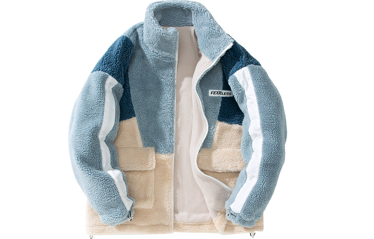 Golfkross ish kiyimi cho'ntaklari bir-biriga bog'langan to'qnashuv rangli qo'zichoq juni harflari yorlig'i qalinlashgan yoqa bo'sh paxta ko'ylagi bir xil narsali erkaklar va ayollar