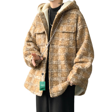 Hvga ochilgan yelka Amerika retro yostiqli qalinlashgan shilimshiq flanel chiziqli kurtka kardigan kundalik qulay koreys kiyimi kaputli kichik shannon palto kuz va qish trendi bo'sh premium tuyg'u qalin tozalik shamol baxmal hislar