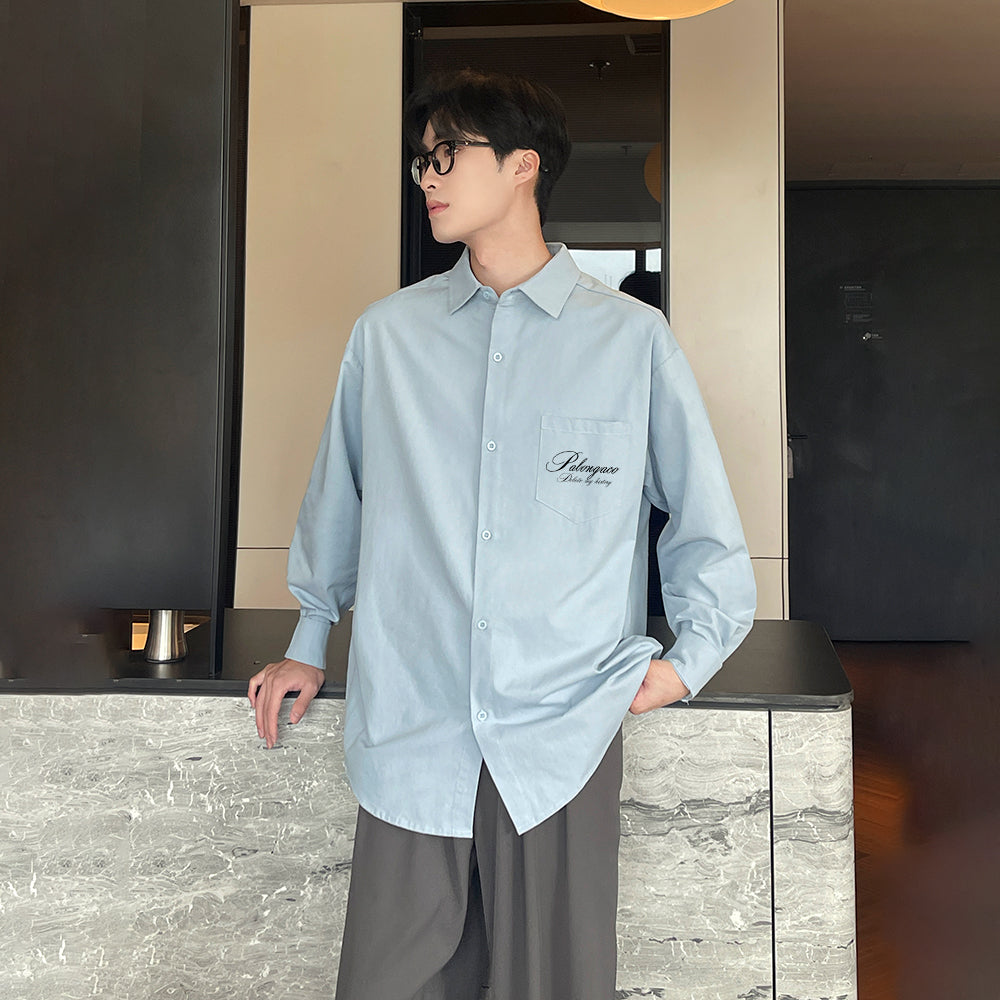 Pal ongaco pal ongaco Amerika retro qo'lyozma harflar logotipi bosma tasodifiy bo'sh uzun yengli ko'ylaklar lapel ko'ylagi bahor va kuz modellari chiroyli ko'p qirrali oddiy paxta ishchi ko'ylagi bir xil modeldagi erkaklar va ayollar