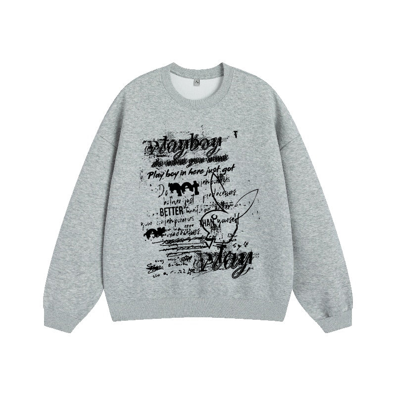 Playboy tekis rangli multfilm harfli naqshli qulay ko'p qirrali ekipaj bo'yinli uzun yengli kozok erkaklar va ayollar bir xil uslubda