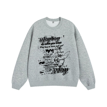 Playboy tekis rangli multfilm harfli naqshli qulay ko'p qirrali ekipaj bo'yinli uzun yengli kozok erkaklar va ayollar bir xil uslubda