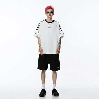 Kollej uslubidagi golfkross rangli to'qnashuv lentasi chiziqli yelkali yengli dumaloq bo'yinli qisqa yengli futbolka bir xil paragrafli erkaklar va ayollar