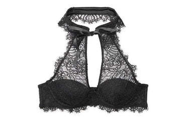 Victoria's secret victoria's secret flower lace high neck tie thin 3/4 cup bra women's black - Boxette Shop