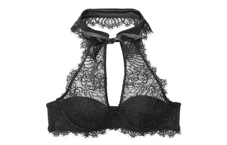 Victoria's secret victoria's secret flower lace high neck tie thin 3/4 cup bra women's black - Boxette Shop