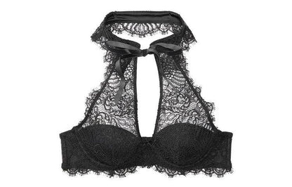 Victoria's secret victoria's secret flower lace high neck tie thin 3/4 cup bra women's black - Boxette Shop