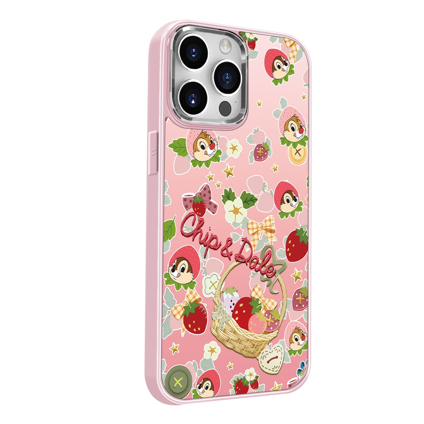 Disney abs+kompyuter materiali yoqimli qulupnay seriyali chicky titty shirin yuqori sifatli metall bo'yoq oyna himoyasi olma/olma 16promax/plus/iphone15/14/13pro multfilm animatsiyasi uchun muzli shisha telefon qutisi