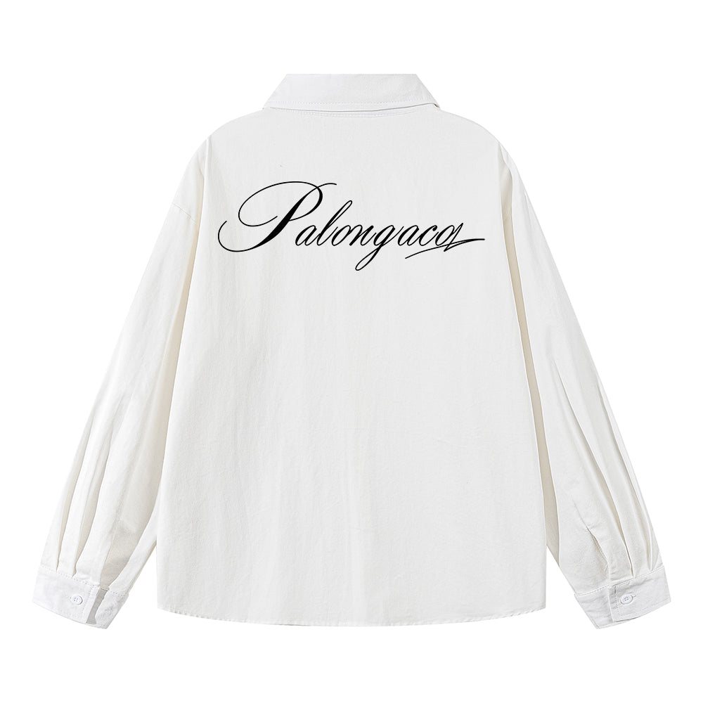 Pal ongaco pal ongaco Amerika retro qo'lyozma harflar logotipi bosma tasodifiy bo'sh uzun yengli ko'ylaklar lapel ko'ylagi bahor va kuz modellari chiroyli ko'p qirrali oddiy paxta ishchi ko'ylagi bir xil modeldagi erkaklar va ayollar