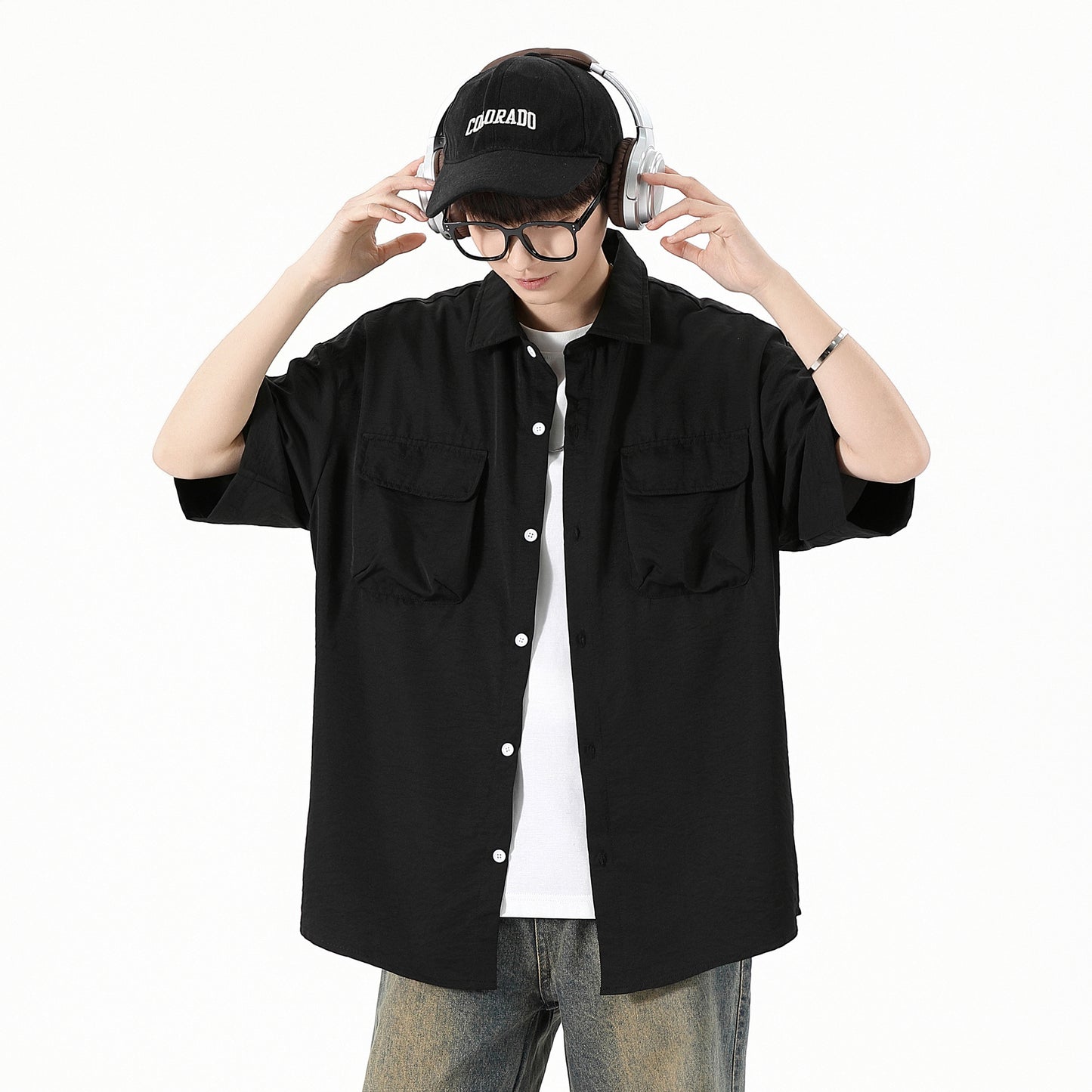 Igoi Amerika yuqori ko'chada qulay moda ish kiyimi nozik kesilgan tasodifiy ko'p qirrali tekis rangli oddiy bo'sh lapel qisqa yengli ko'ylaklar erkaklar va ayollar bir xil