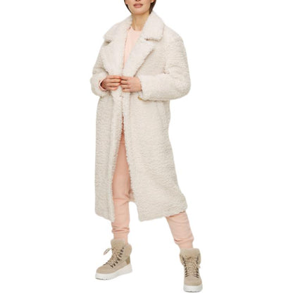 Ugg gertrude long teddy coat solid colour lapel double breasted fitted long sleeve midi coat women's white