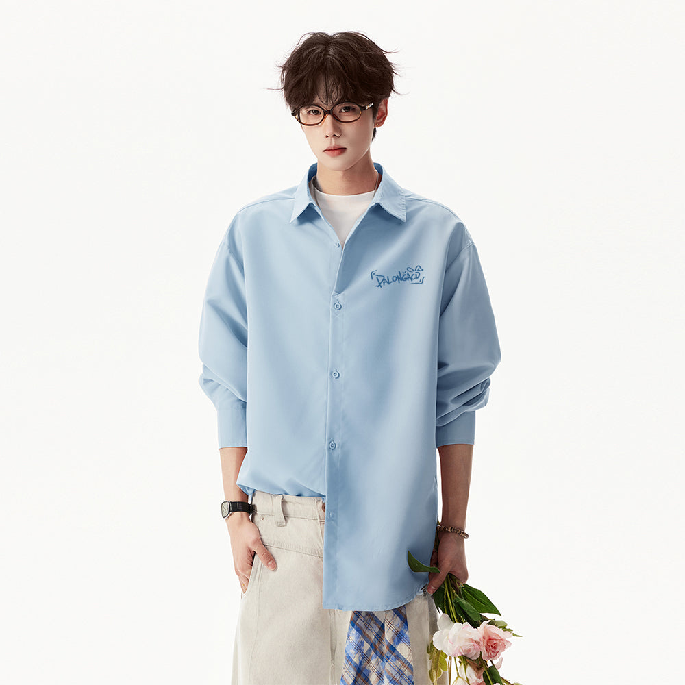 Pal ongaco pal ongaco Amerika yuqori ko'cha asosiy modellari oddiy sof paxta tanasi harflari brend logotipi bosma erkin tasodifiy universal koreys tekis rangli lapel uzun yengli ko'ylaklar bir xil modellar bilan erkaklar va ayollar