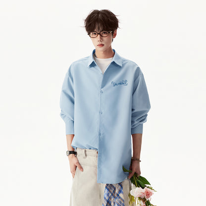 Pal ongaco pal ongaco Amerika yuqori ko'cha asosiy modellari oddiy sof paxta tanasi harflari brend logotipi bosma erkin tasodifiy universal koreys tekis rangli lapel uzun yengli ko'ylaklar bir xil modellar bilan erkaklar va ayollar