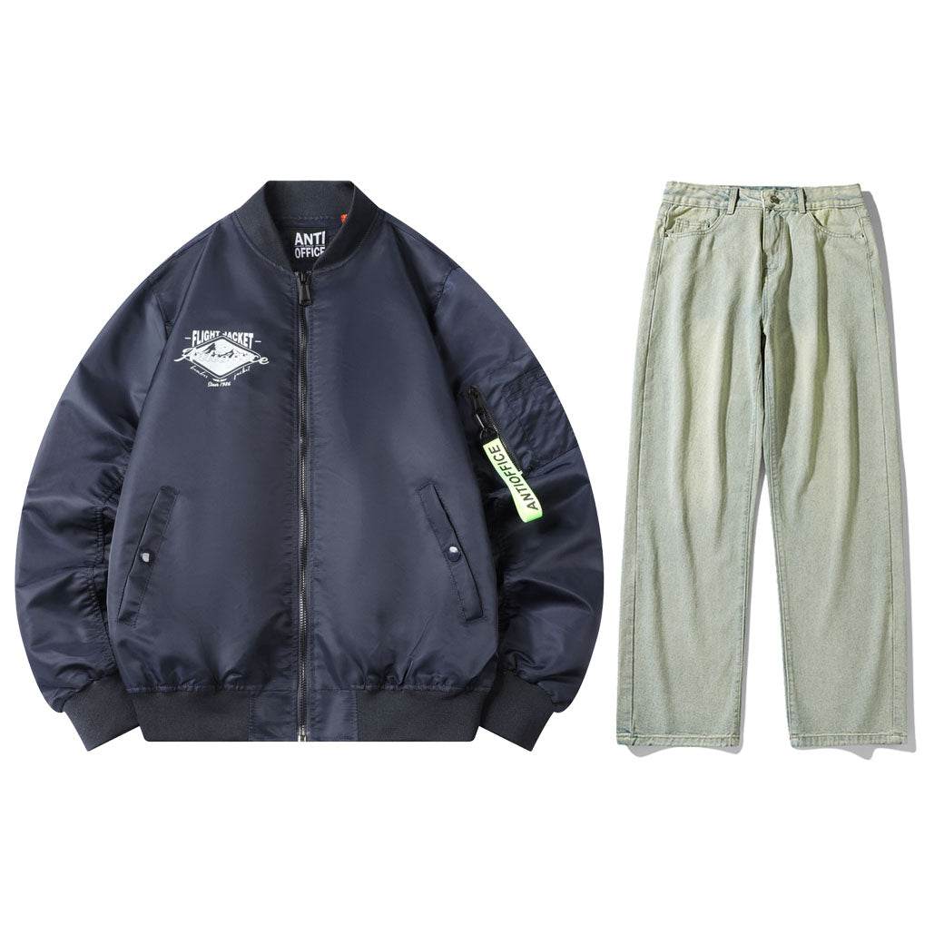 Антиофис гонконг стиль куртка с свободными широкими ногами джинсы повседневная работа поездка костюм городской новый молодежный простой и удобный с хорошим набором одежды осень и зима мужские модели - Boxette Shop