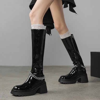Balletcat показать модели охлаждаются мягкие теплые колледж стиль эластичный v рот молнии супер цепь современный смысл рыцарь сапоги универсальный огромный хорошо выглядят высокие сапоги женские черные