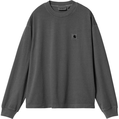 Carhartt wip w' l/s nelson futbolka katta o'lchamli kvadrat yorliqli dumaloq bo'yinli uzun yengli yengli futbolka ayollar grafit kulrang