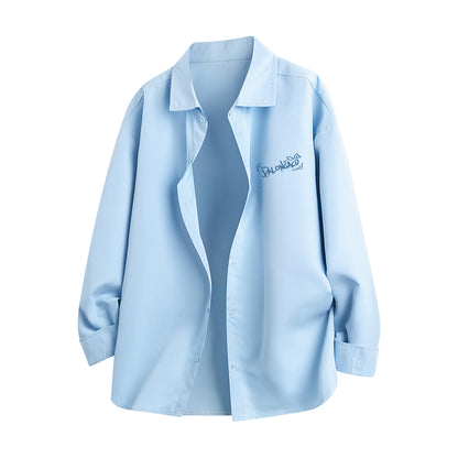 Pal ongaco pal ongaco Amerika yuqori ko'cha asosiy modellari oddiy sof paxta tanasi harflari brend logotipi bosma erkin tasodifiy universal koreys tekis rangli lapel uzun yengli ko'ylaklar bir xil modellar bilan erkaklar va ayollar