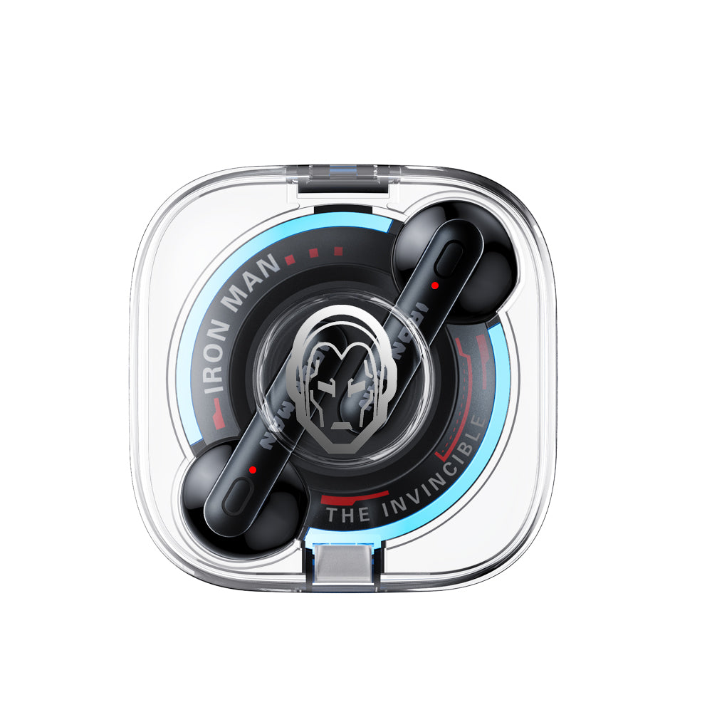 Disney QS28 Kapitan Amerika Iron Man 100-yillik modeli Haqiqiy avtorizatsiyalangan shaffof oʻyin sport shovqinlarini bekor qiluvchi Apple Android universal quloqqa simsiz Bluetooth eshitish vositasi