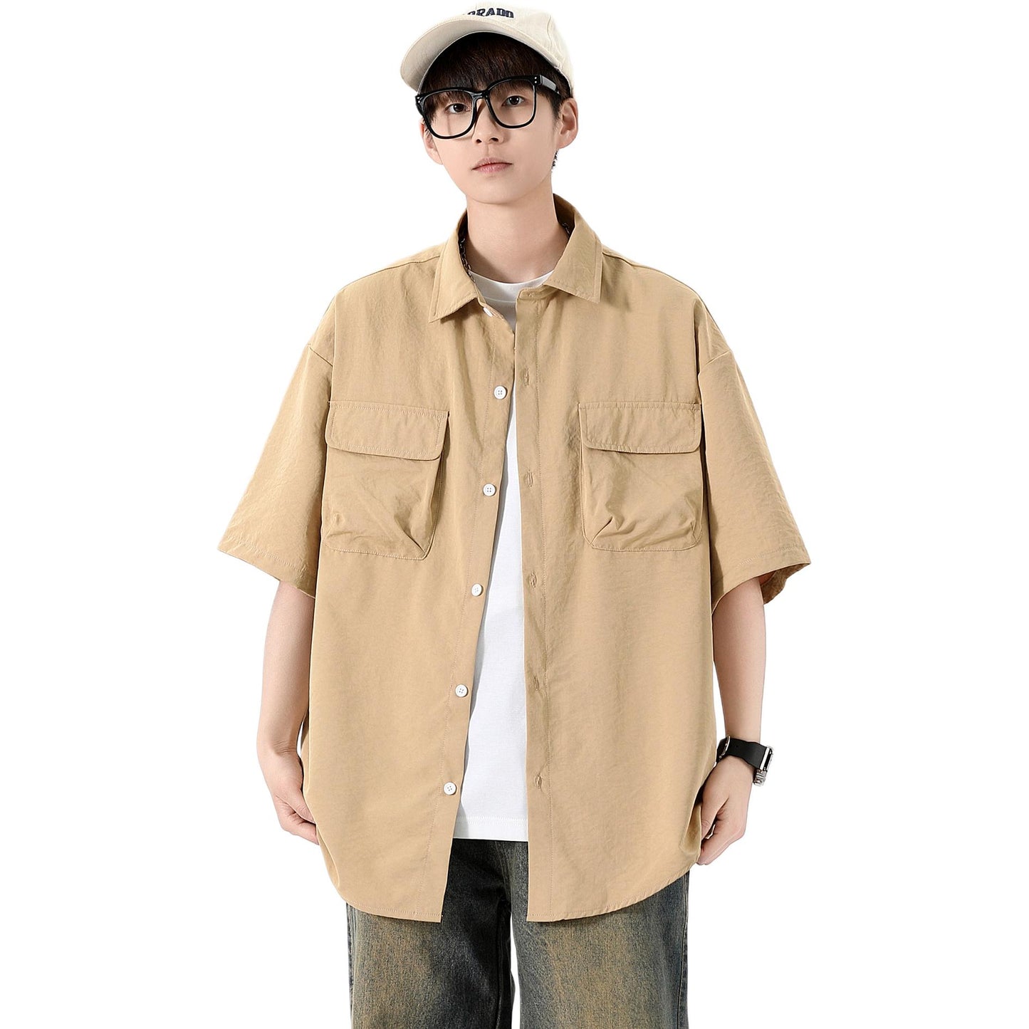 Igoi Amerika yuqori ko'chada qulay moda ish kiyimi nozik kesilgan tasodifiy ko'p qirrali tekis rangli oddiy bo'sh lapel qisqa yengli ko'ylaklar erkaklar va ayollar bir xil